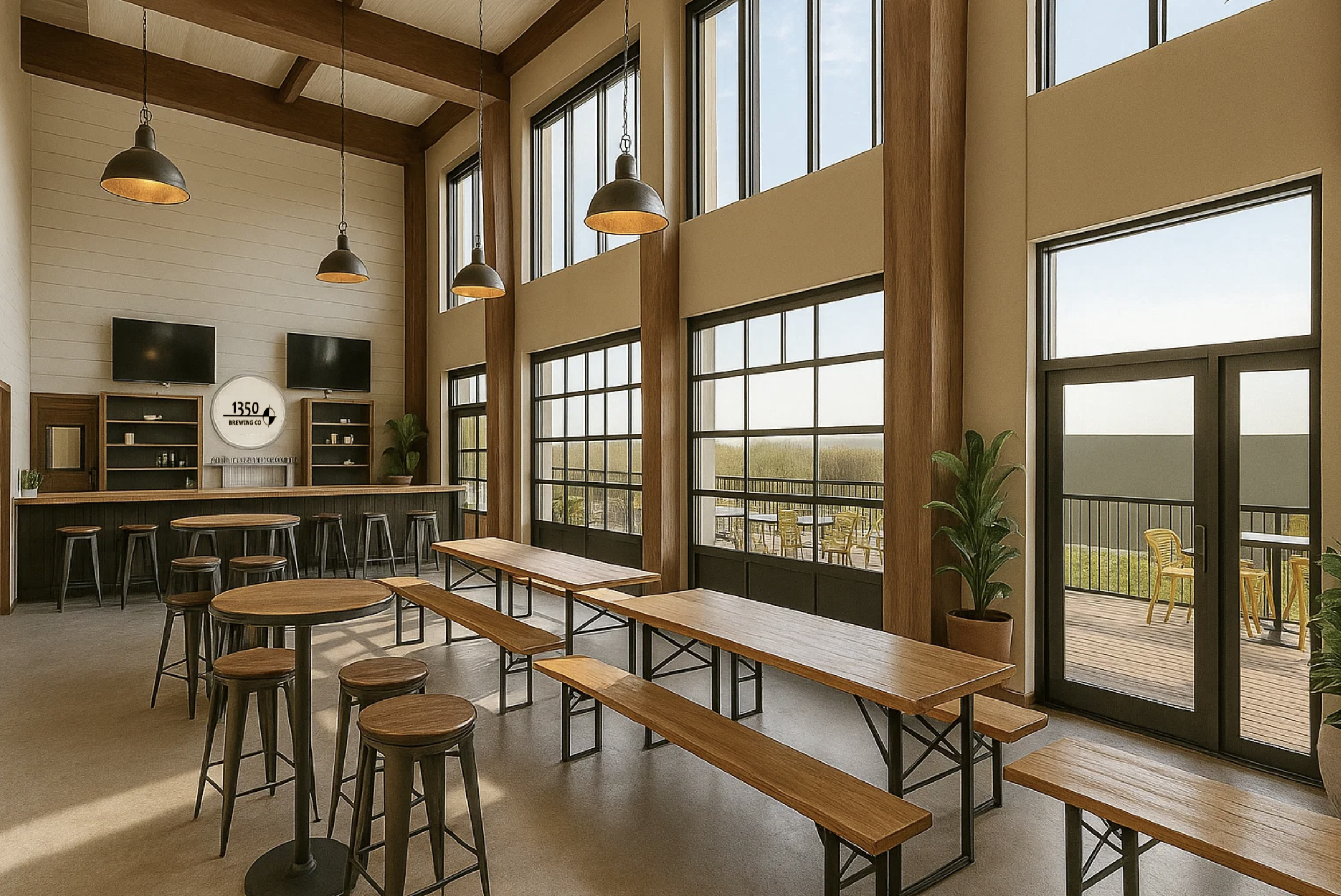 Taproom with high ceilings, tall windows, and long communal tables overlooking hilltop views at 1350 feet above sea level.