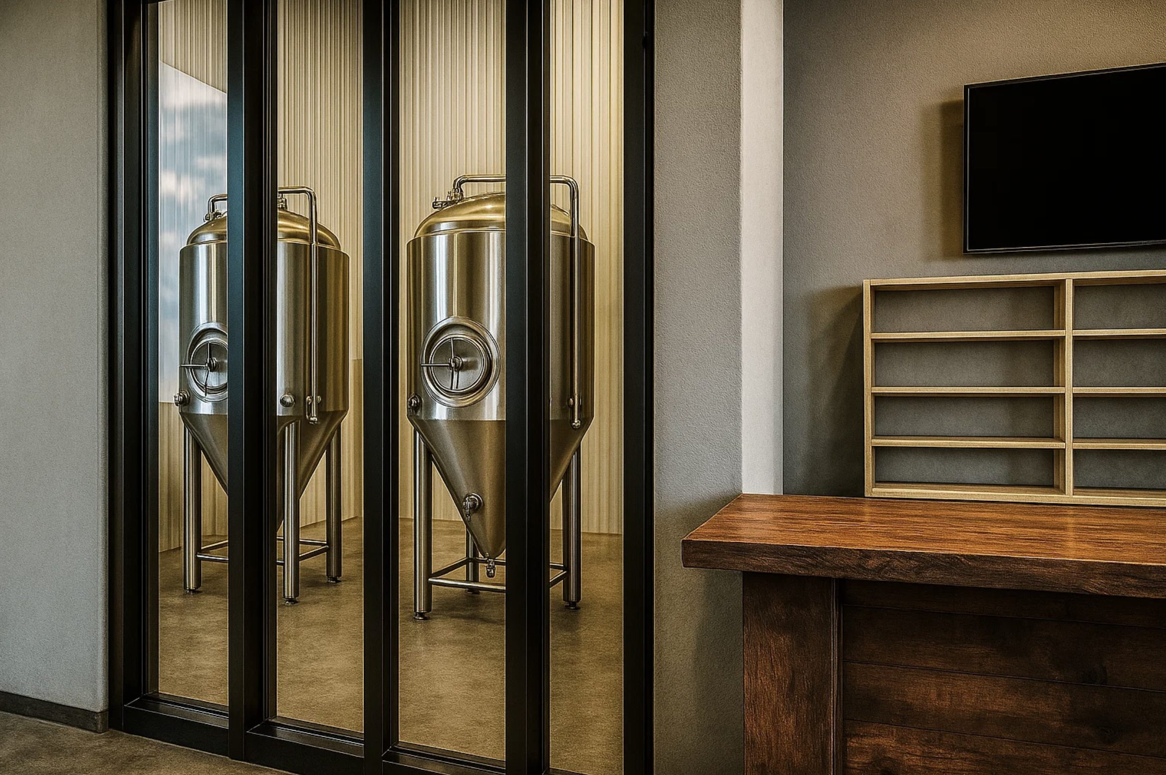 Interior view of a small-batch 5 BBL brewhouse with stainless steel fermenters behind glass.