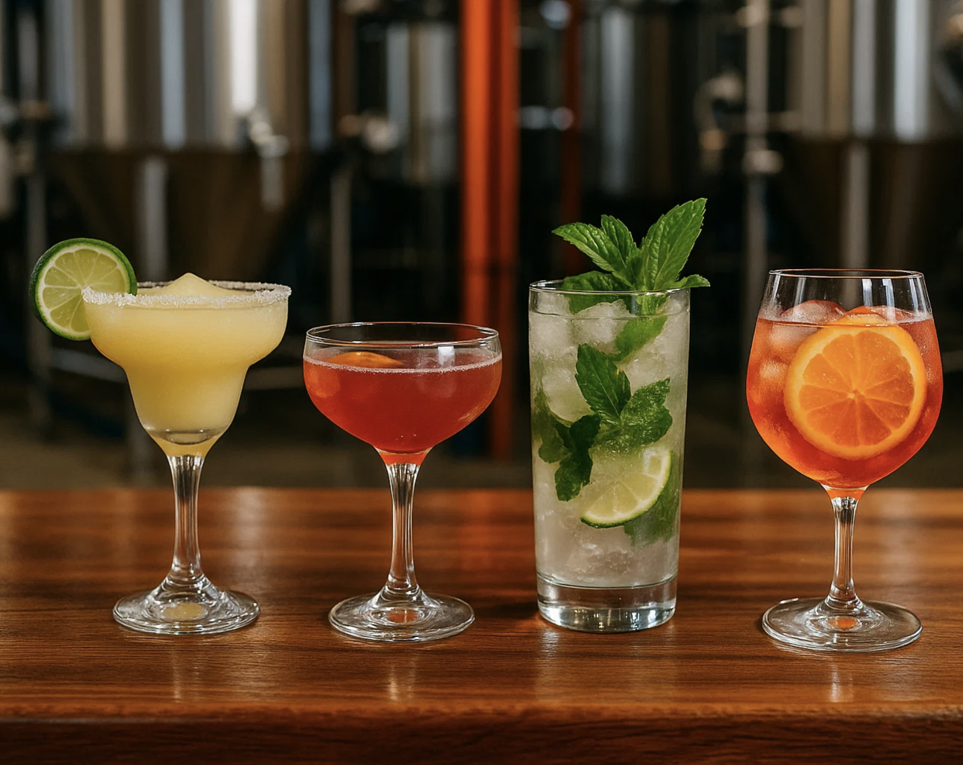 Four colorful mocktails lined up on a wooden bar in front of brewery tanks, showcasing non-alcoholic drink options.