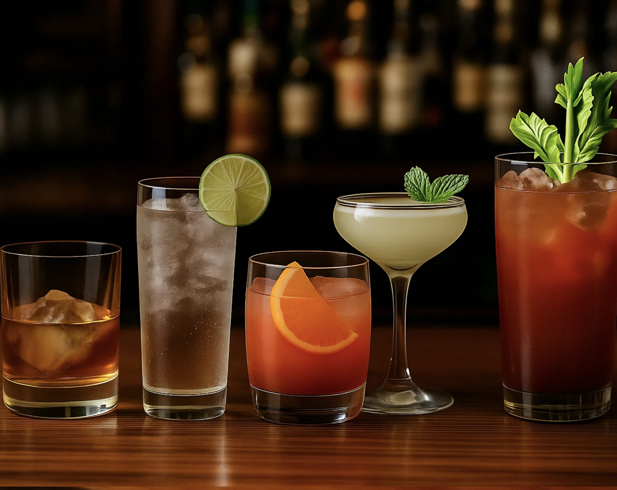 Row of colorful seltzers and cocktails on a bar, showcasing a variety of mixed drink options.